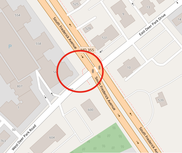 Map of intersection of West Deer Park Road and South Frederick Avenue where a dog was killed