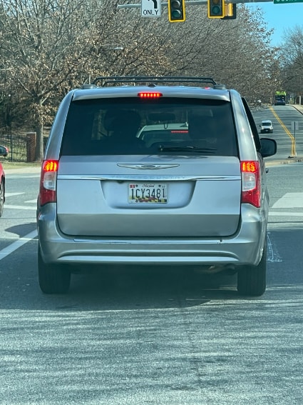 Silver Chrysler Minivan Maryland License Plate 5CY7649 Spotted Driving Recklessly in Gaithersburg February 14, 2023